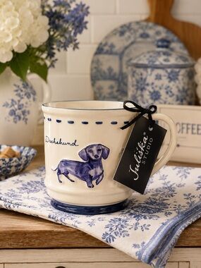 Dwell Studio Dachshund Ceramic Coffee Mug Dog Lover Doxie Blue Toile de Jouy